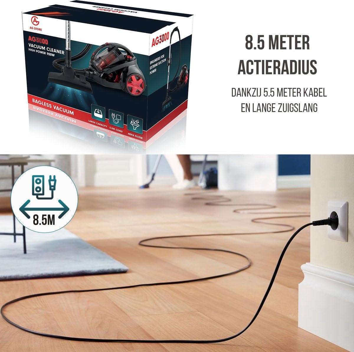 AG3000 - Stofzuiger zonder Zak - 900 Watt - Zuigkrachtregeling- Sterke zuigkracht - Stofzuigers- Compact en licht - makkelijk in gebruik