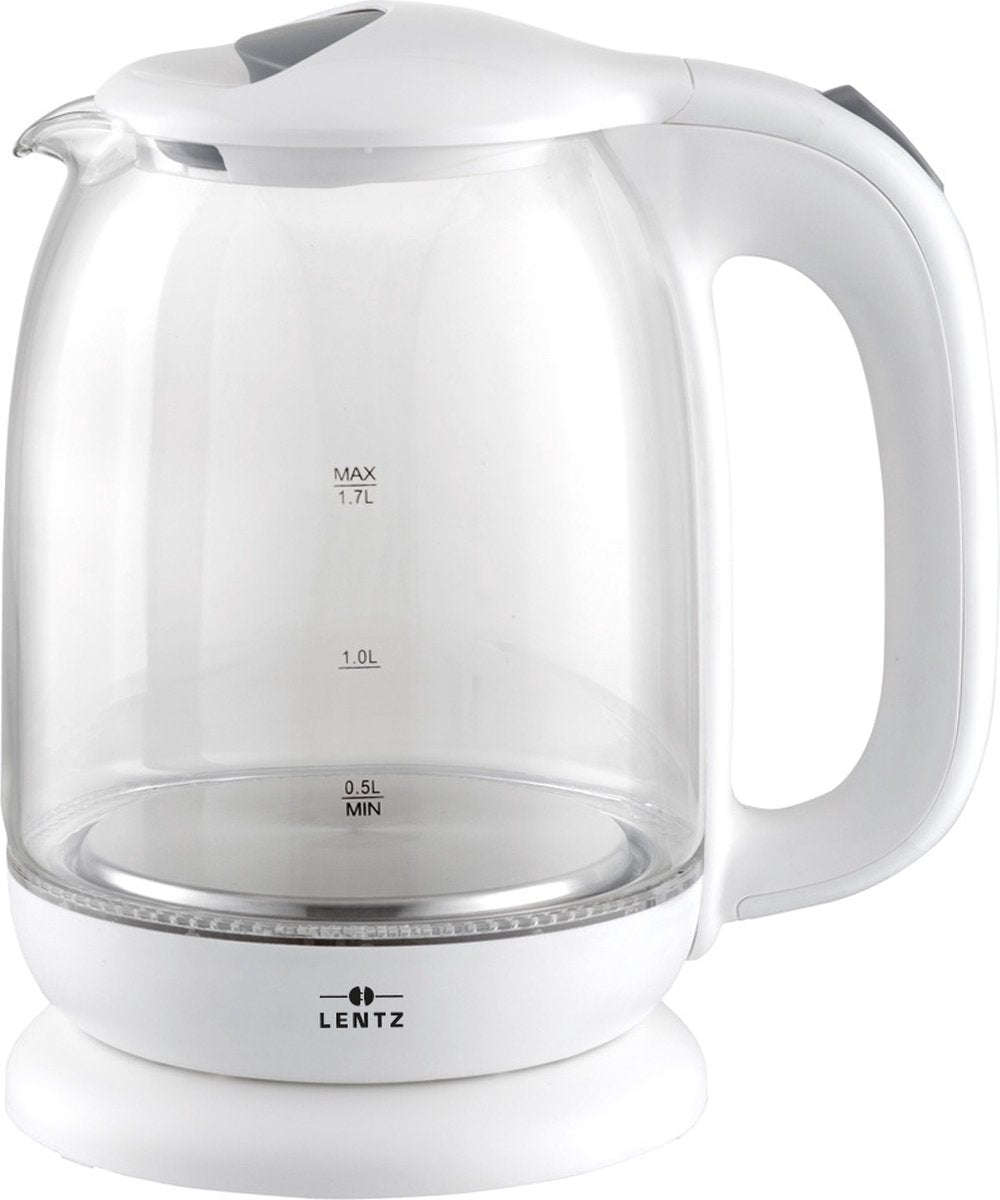 Lentz Glazen Waterkoker - 1.7L - RVS en Glas - 250x225x165 mm - Wit