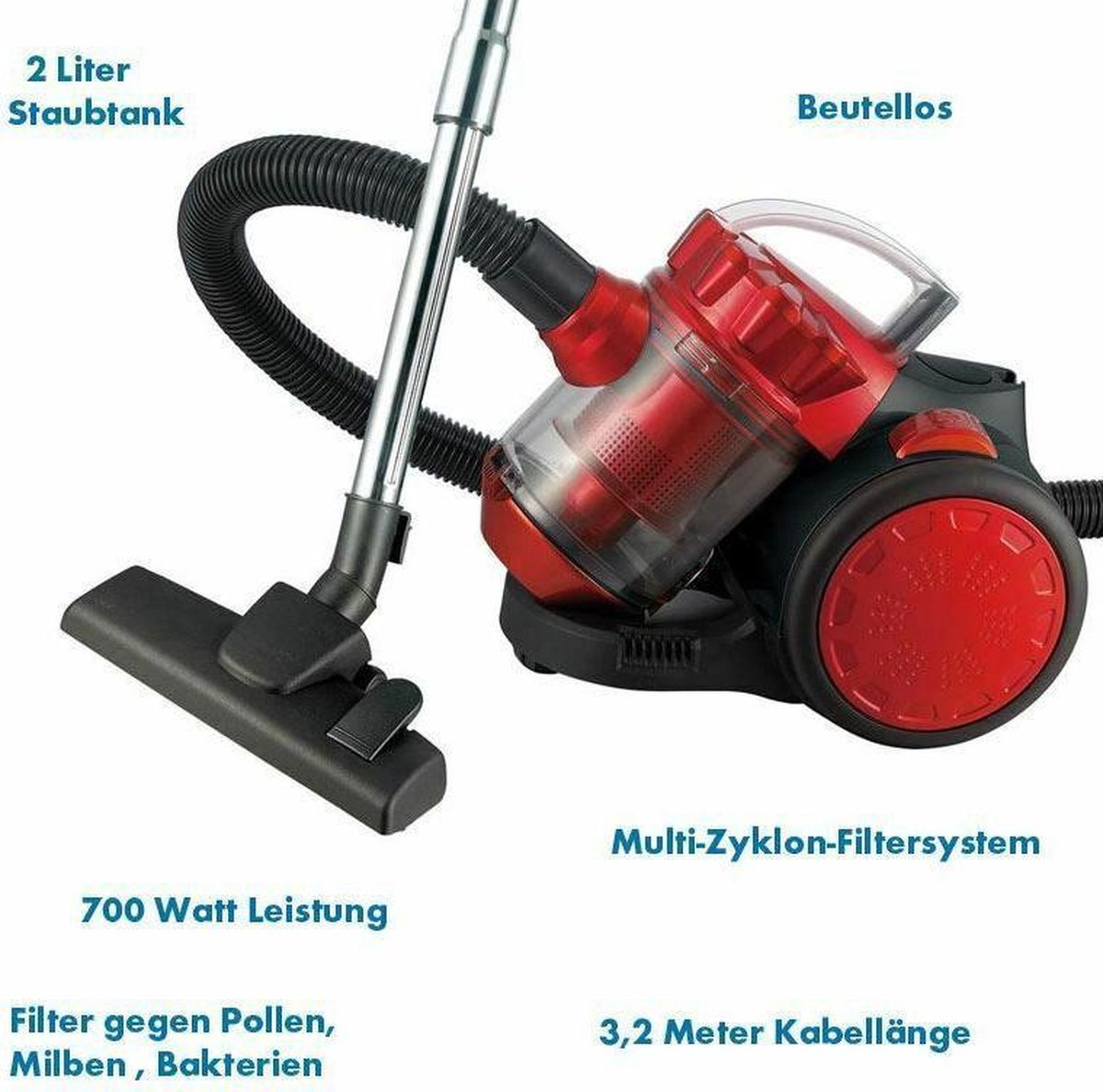 LENTZ krachtige stofzuiger 700W - Zakloos - Wasbare filter – Rood
